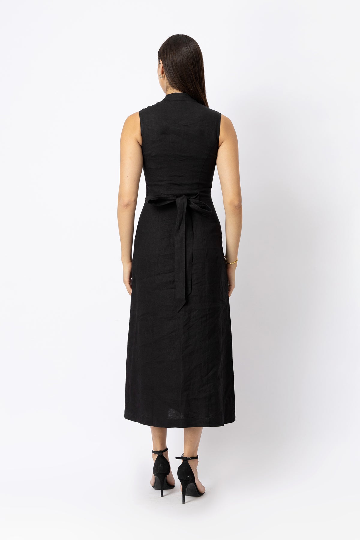Linen Button-Front Midi Dress with Tie Back