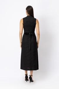 Back view of black linen midi dress with adjustable waist tie