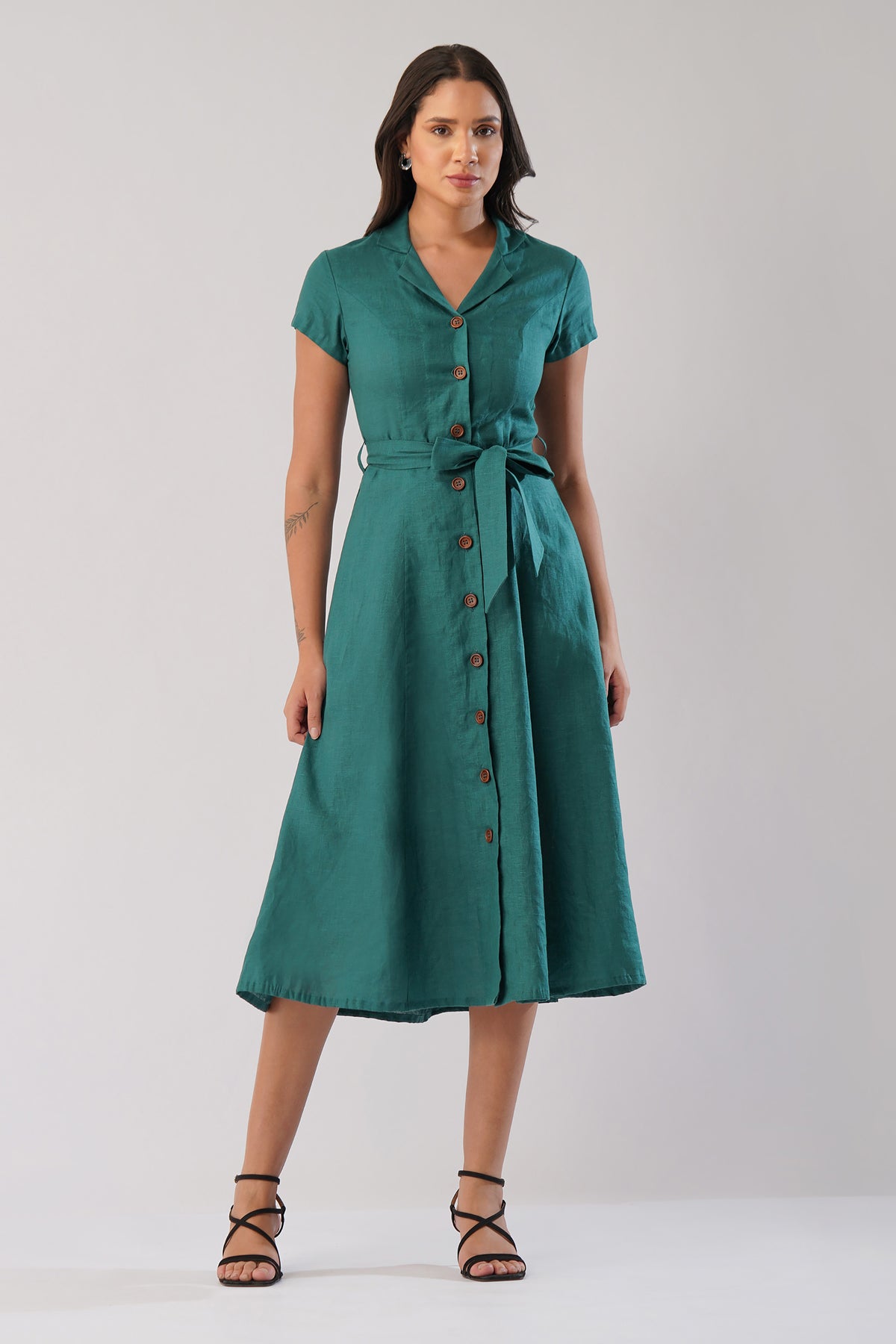 Linen midi dress with notched collar, button front, waist tie and flared A-line silhouette