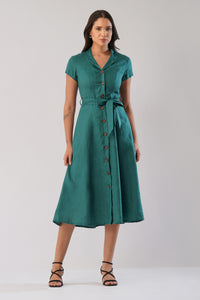 Linen midi dress with notched collar, button front, waist tie and flared A-line silhouette