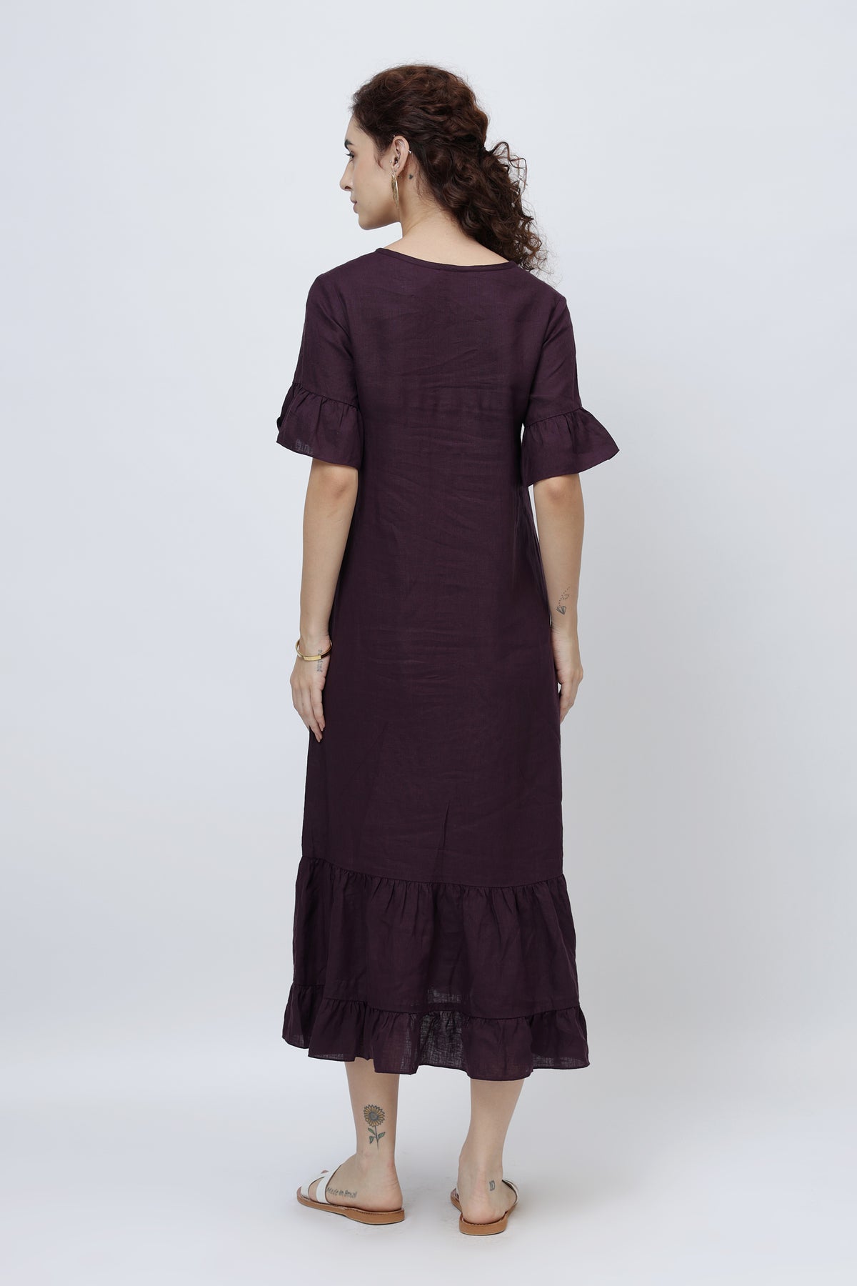 european linen ruffle hem midi dress