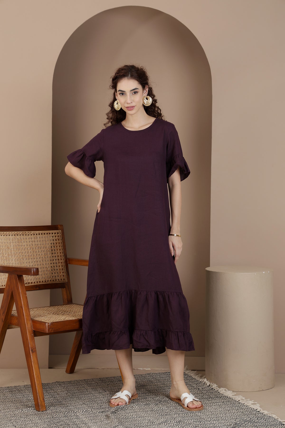 premium linen midi dress women
