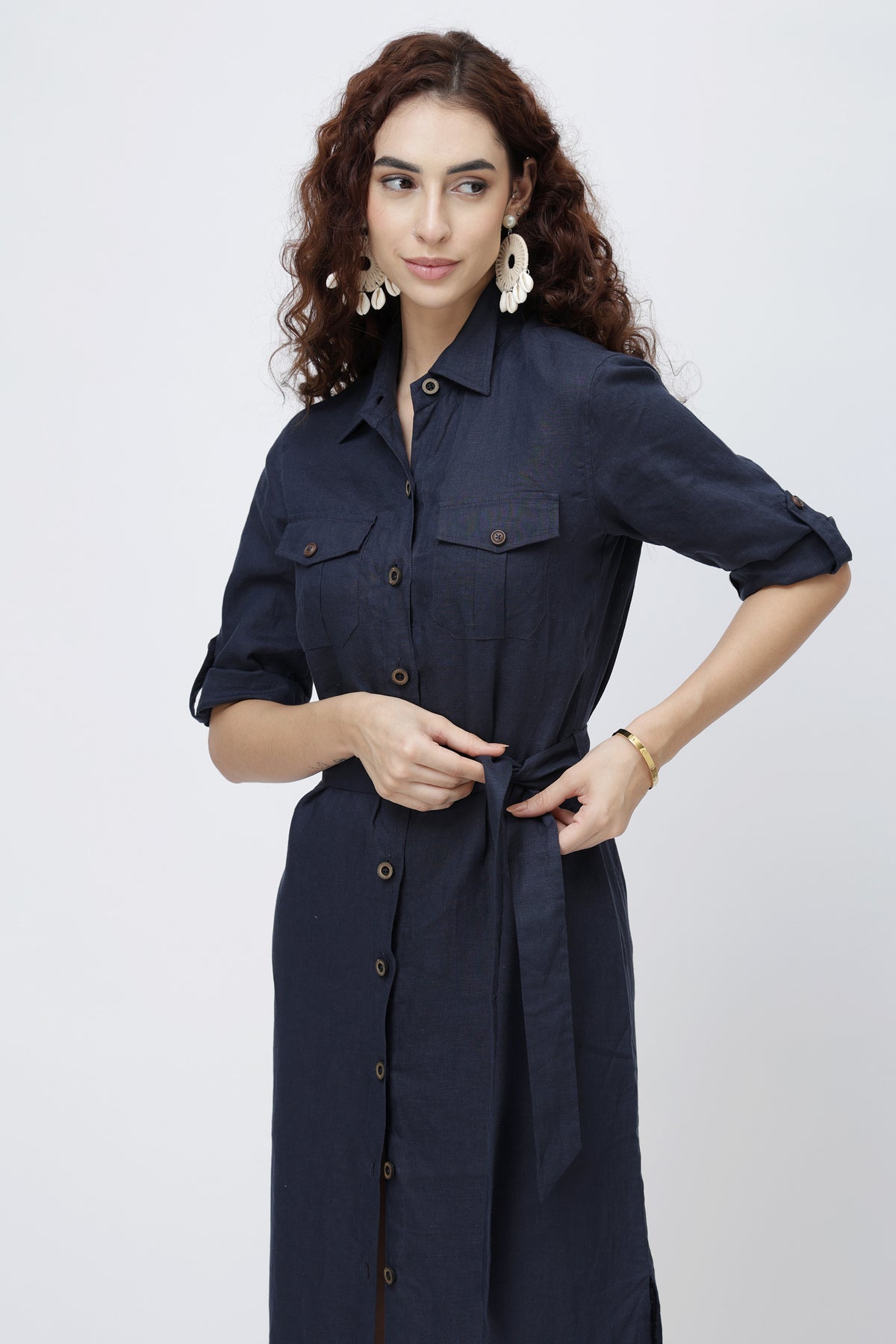 European linen short midi dress with rolled-up sleeves 