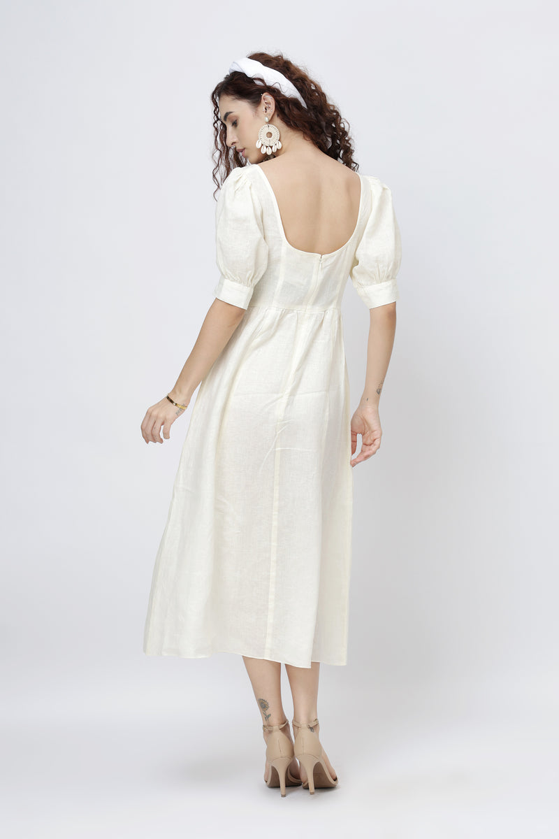 women in romantic linen midi dress with concealed back zipper