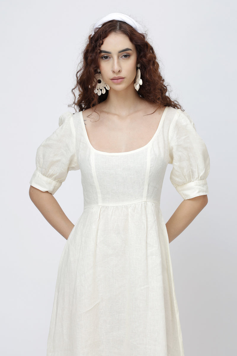 Square Neck Puff Sleeve Linen Midi Dress | Premium European Linen Kuttons Square Neck Puff Sleeve Linen Midi Dress | Premium European Linen Kuttons