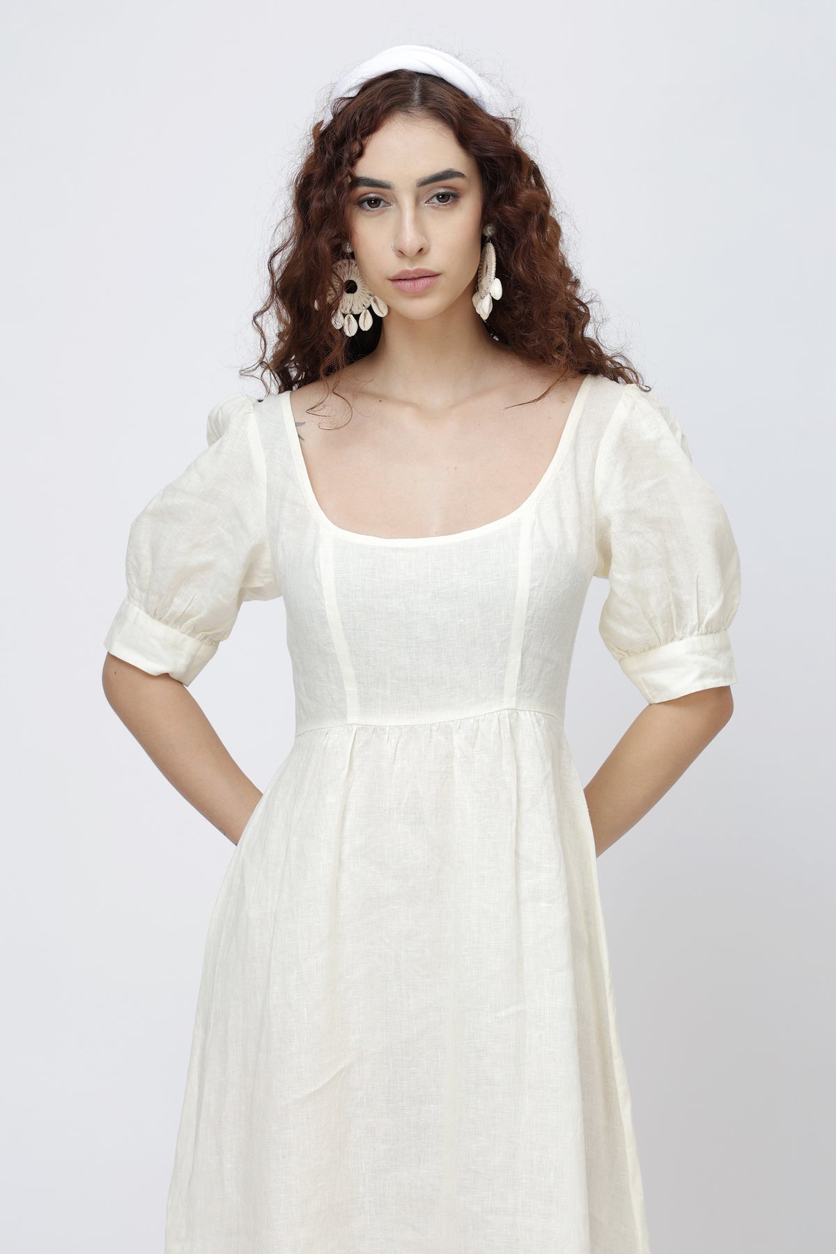 European linen midi dress with puff sleeves