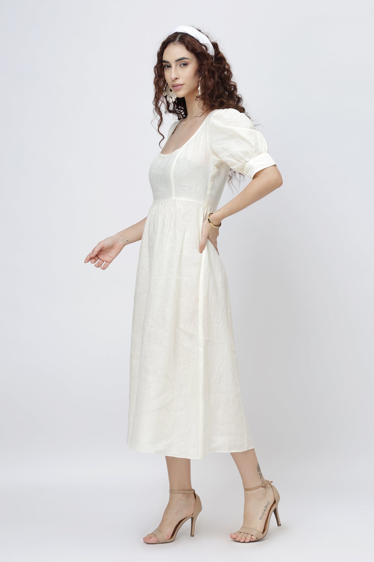 Square Neck Puff Sleeve Linen Midi Dress | Premium European Linen Kuttons Square Neck Puff Sleeve Linen Midi Dress | Premium European Linen Kuttons