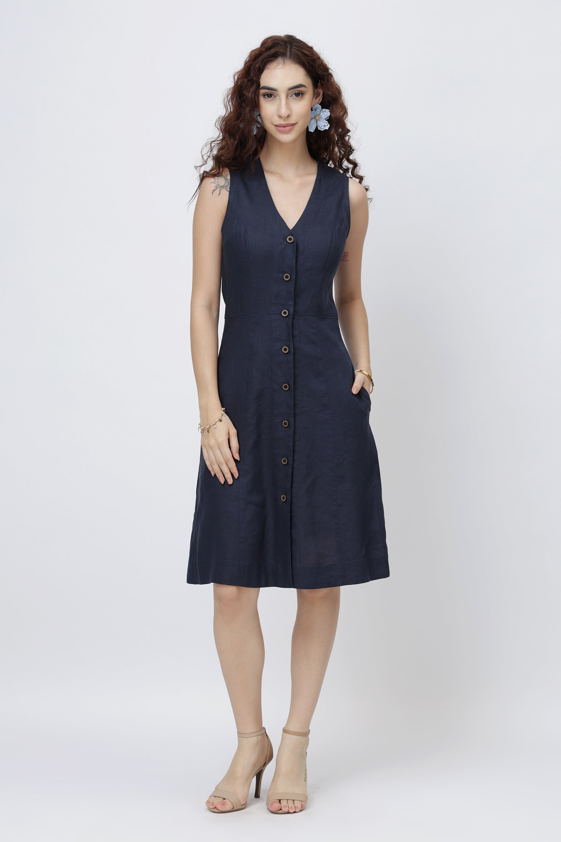 knee length dresses for ladies Sleeveless Button-Front Linen Dress in Cobalt Blue  Petunias of Naples