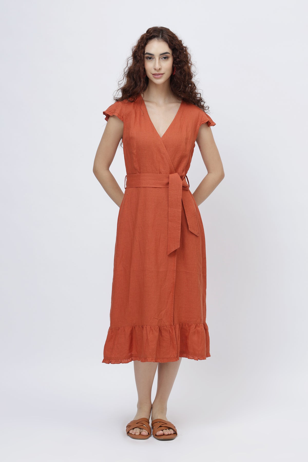 women in European linen flutter sleeve ruffle hem wrap dress