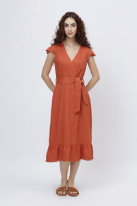 women in European linen flutter sleeve ruffle hem wrap dress