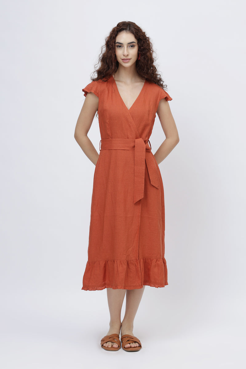 Flutter Sleeve Linen Wrap Midi Dress | European Linen