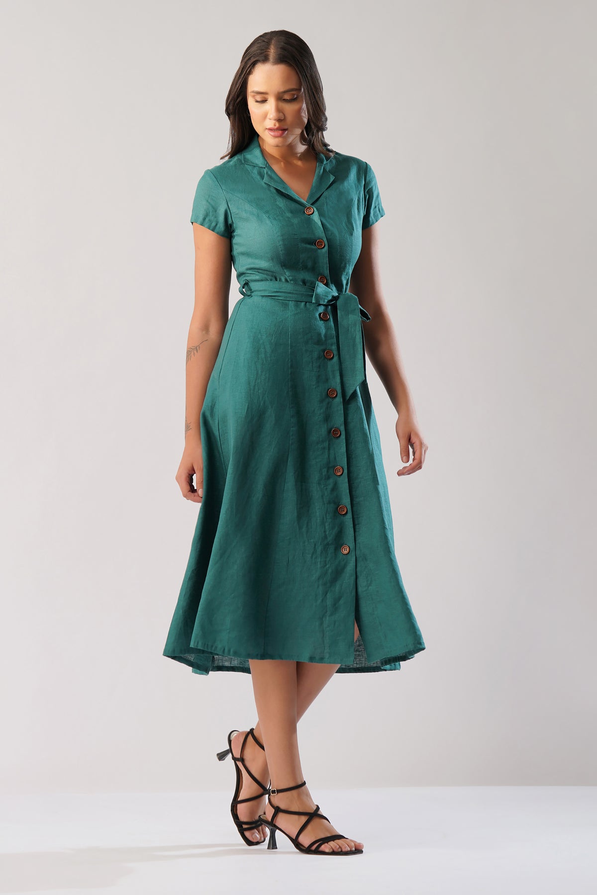 Linen button-front midi dress with short sleeves and tie waist