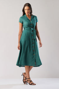 Linen button-front midi dress with short sleeves and tie waist