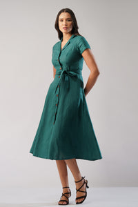 Linen button-front midi dress with short sleeves and a tie waist