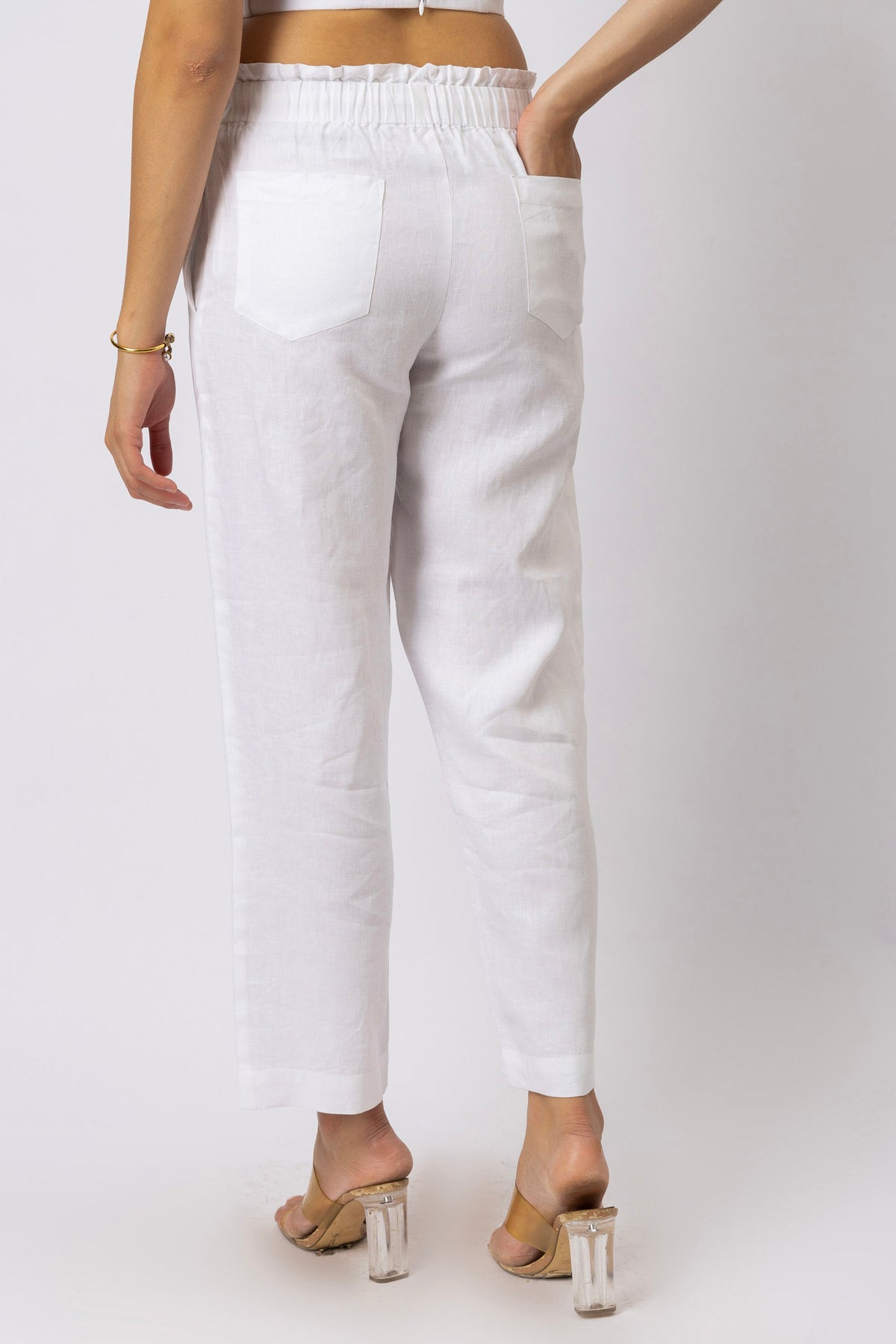 Women's linen relaxed pants with elasticated paperbag waist and back patch pockets