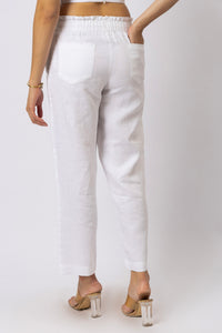 Women's linen relaxed pants with elasticated paperbag waist and back patch pockets