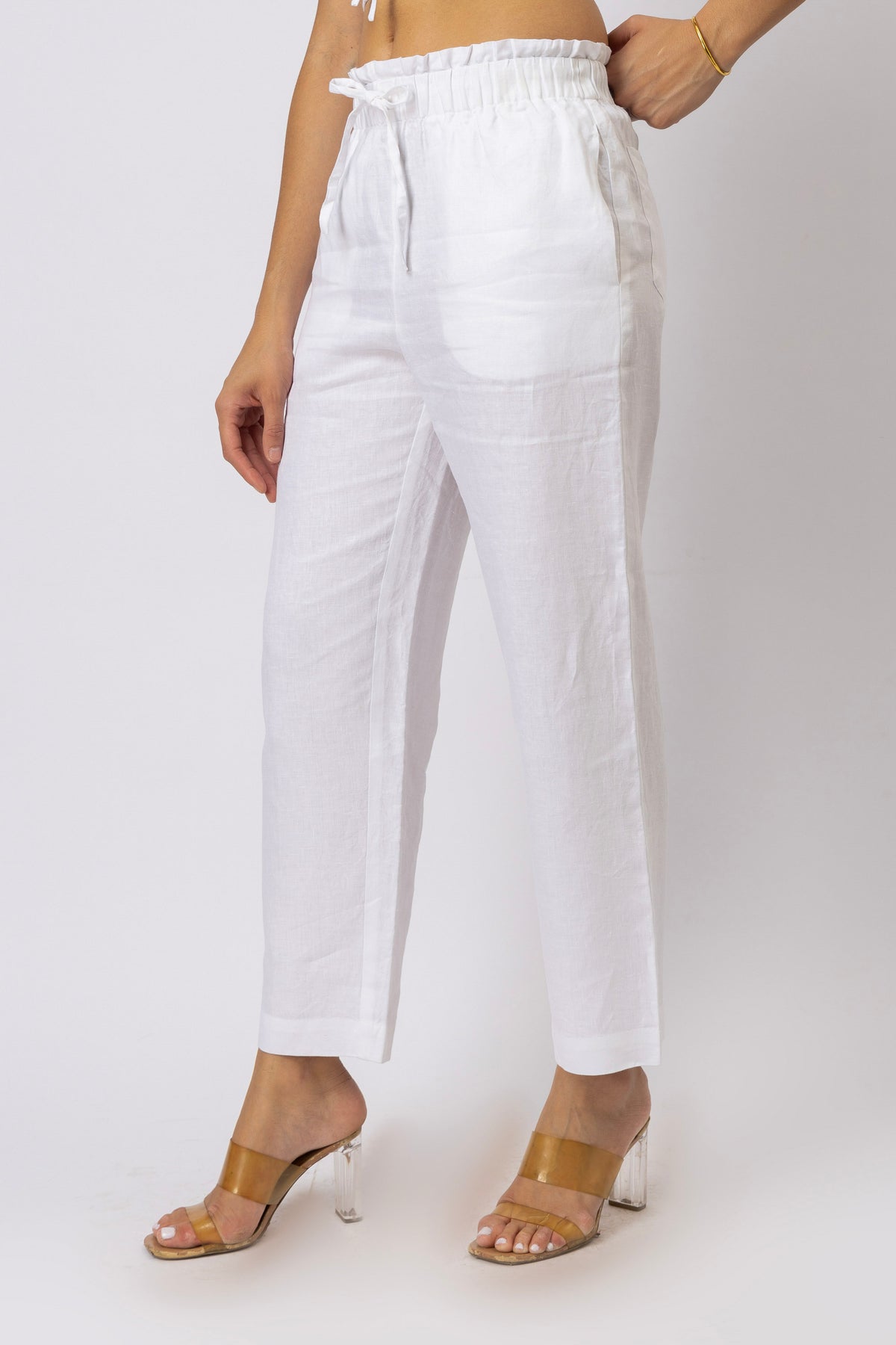Women's relaxed linen pants with elasticated paperbag waist and adjustable drawstring