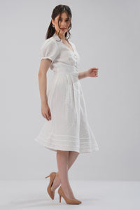 Optic white European linen V-neck midi dress 
