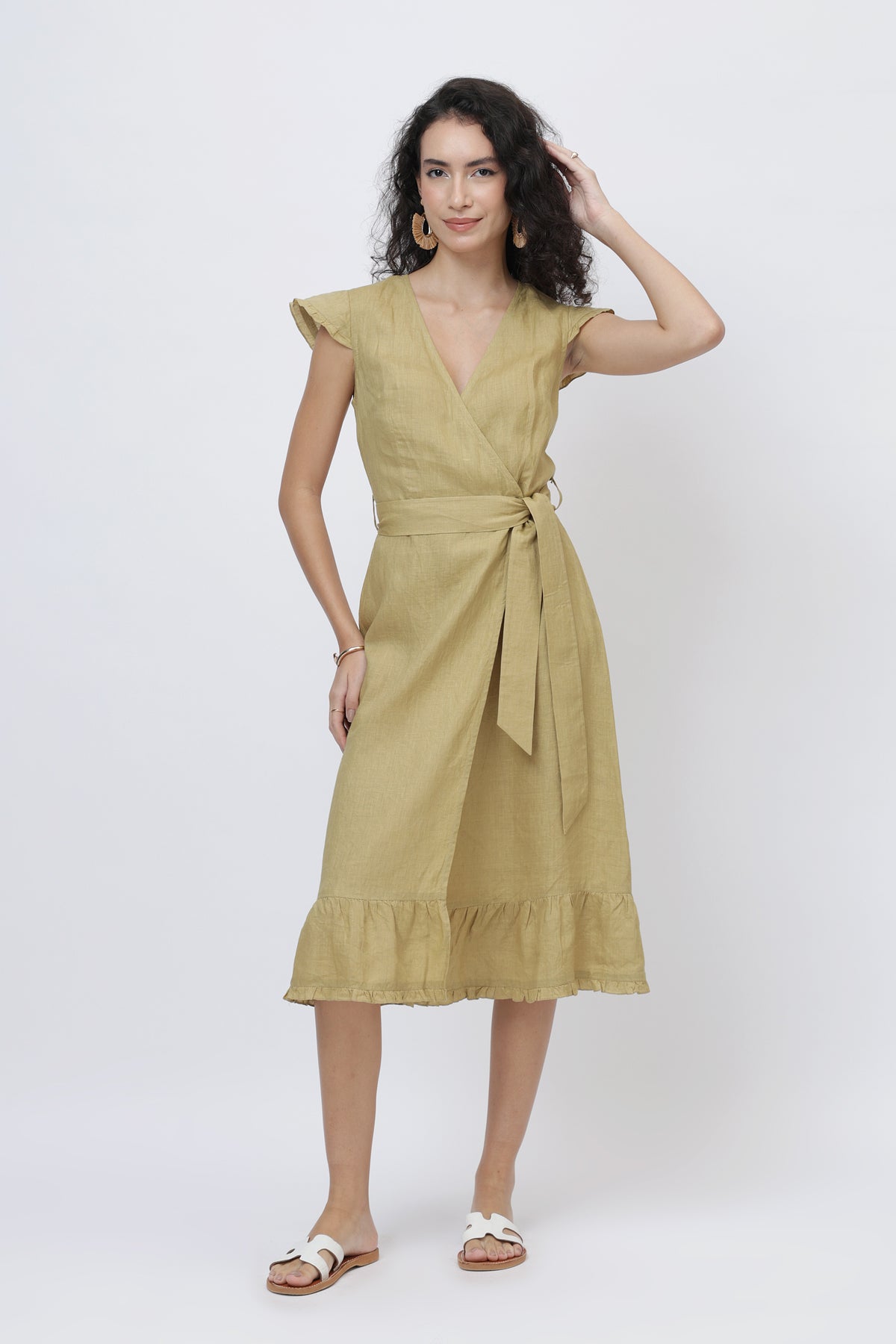 women in linen wrap midi dress - khaki