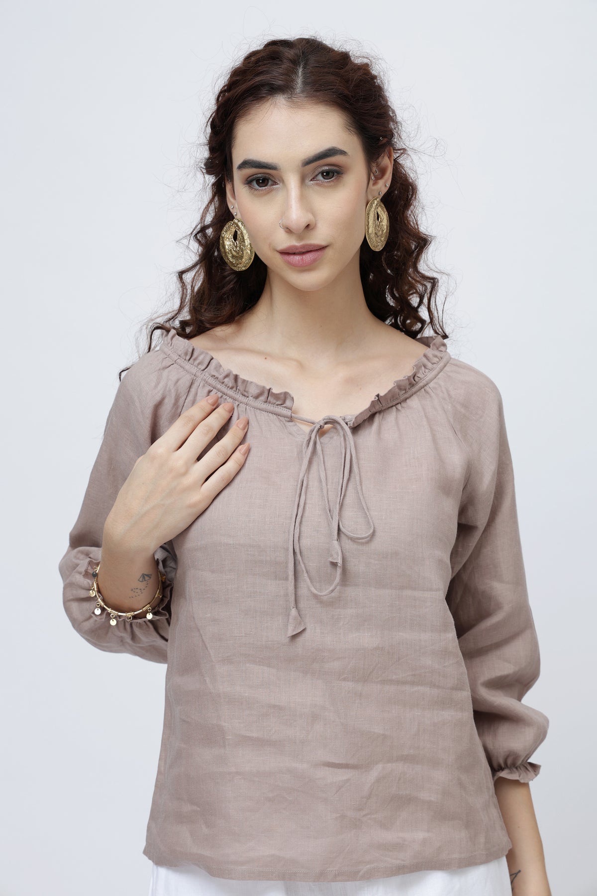 Women’s ruffle neck linen top with tie detail front full view breathable European linen