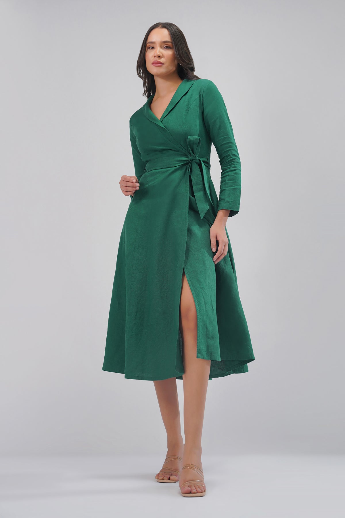 Wrap Linen Midi Dress with Collar & Tie Waist - Cross-Over Waist • Tailored Collar • European Linen