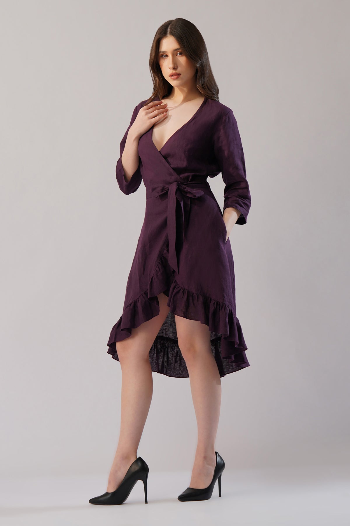 Plum Linen Wrap Dress for Women | European Linen Ruffle Dress