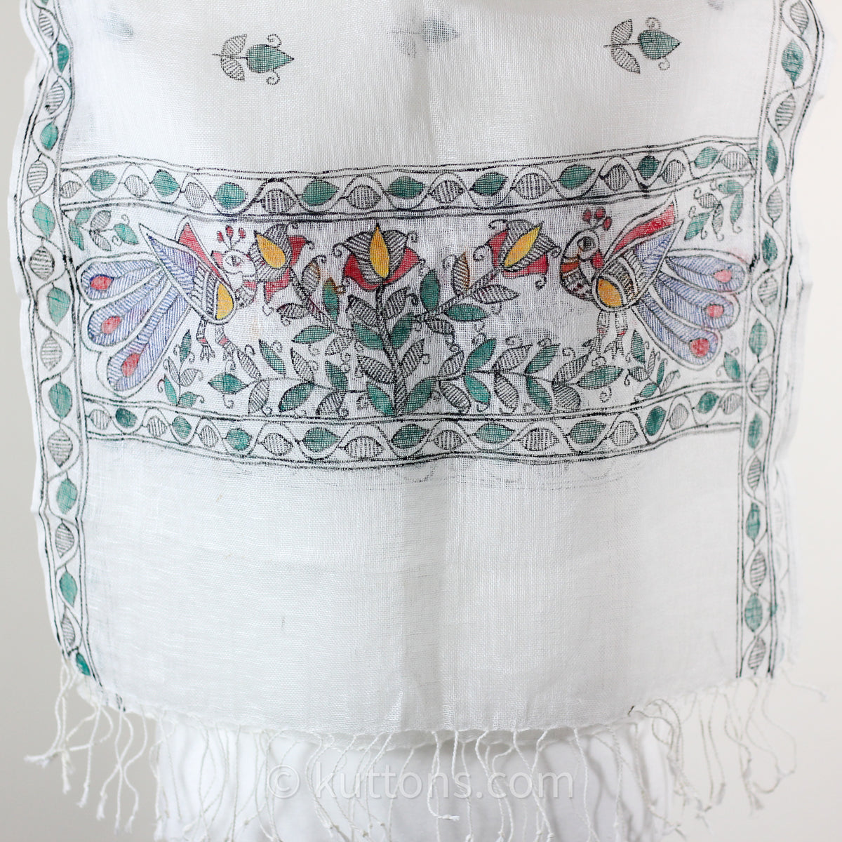 Hand-Painted Madhubani Linen Wrap with Tassels - Tribal Madhubani Motifs - Peacock, flowers