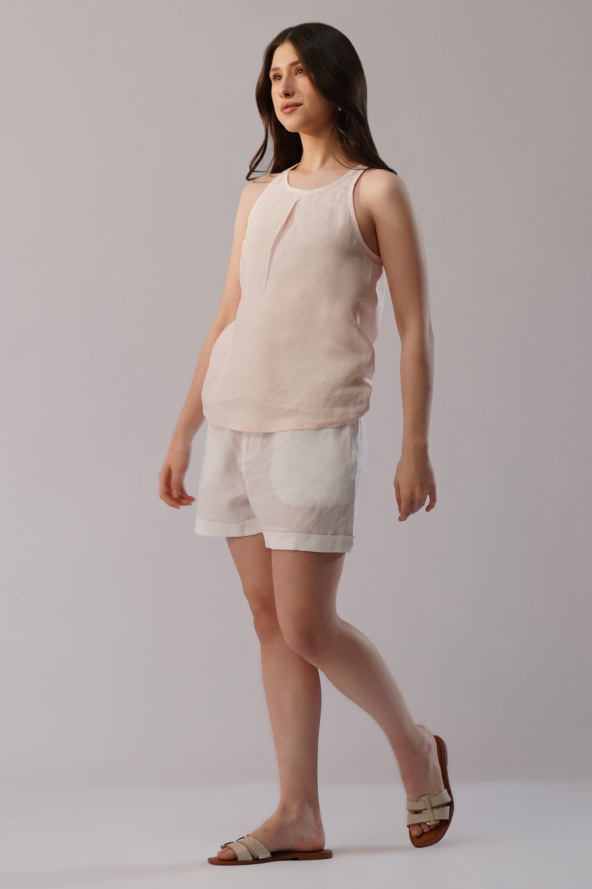 Linen sleeveless tank top styled with linen shorts
