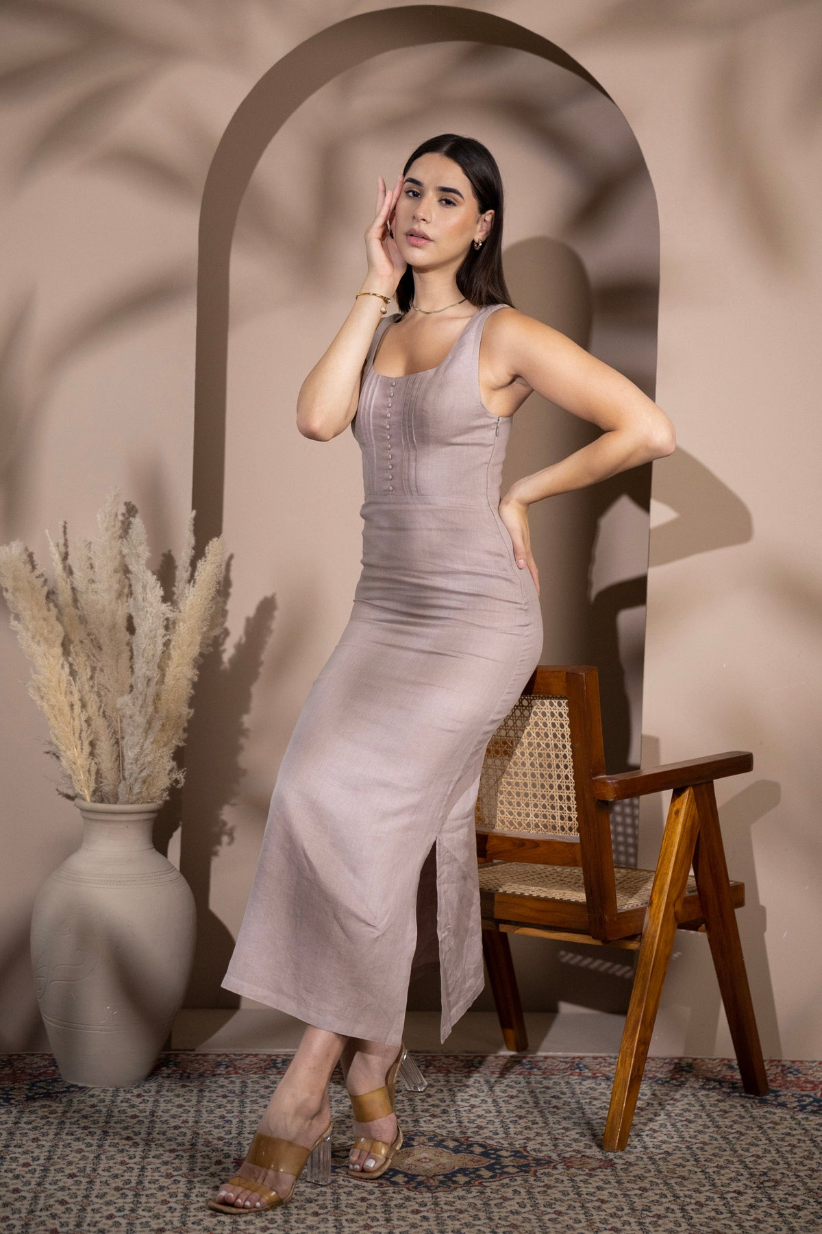 linen fitted midi dress