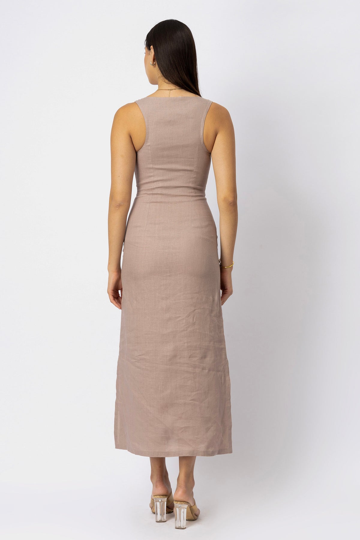 Natural linen sleeveless midi dress with a fitted silhouette, scoop neckline, and clean back view