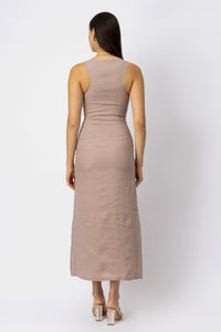 Natural linen sleeveless midi dress with a fitted silhouette, scoop neckline, and clean back view