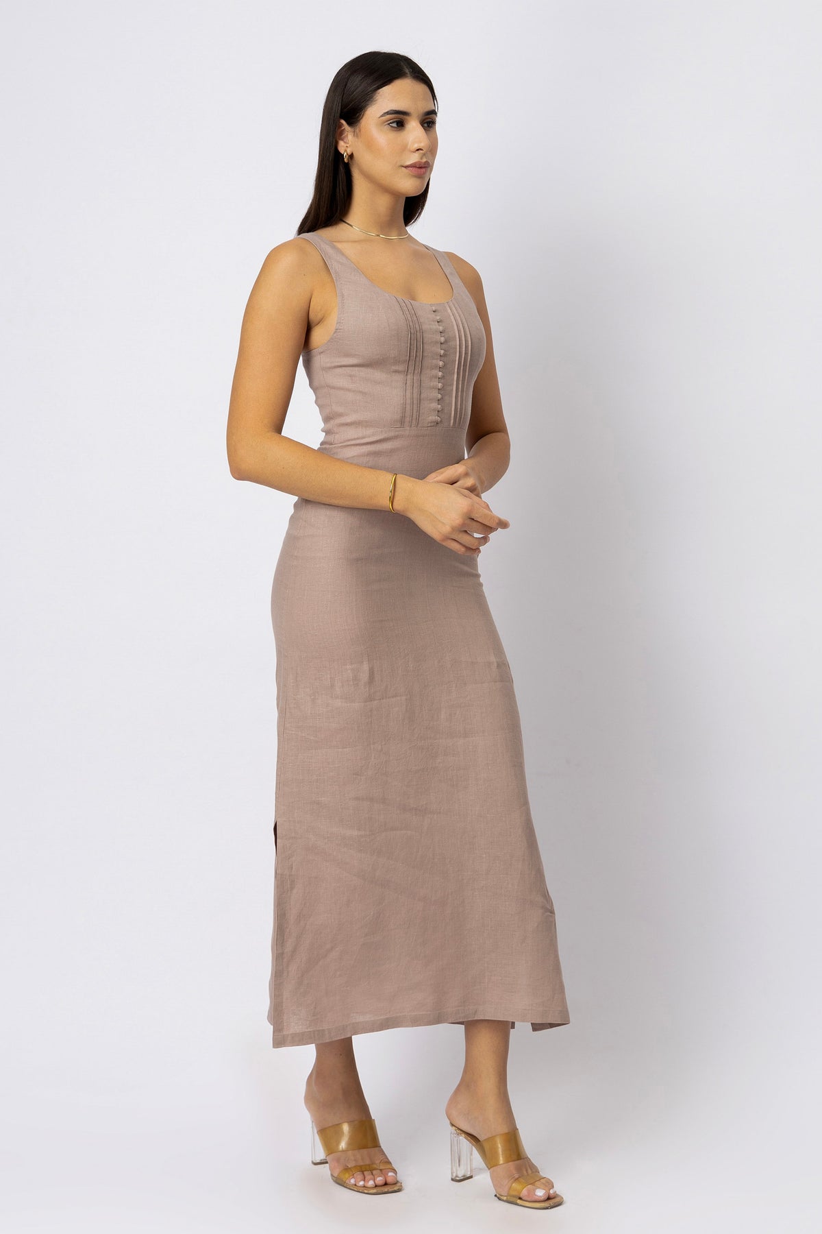 linen sleeveless midi dress with scoop neckline, fitted figure-hugging silhouette