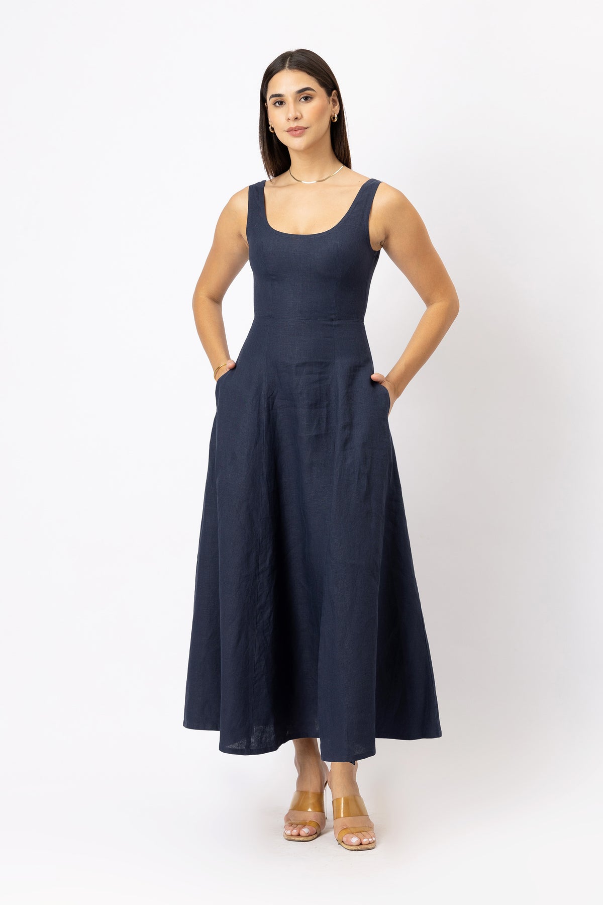 Pure European linen maxi dress with hidden pockets and shaped waist