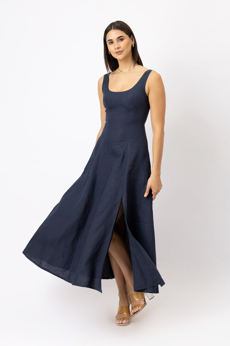 Navy linen scoop-neck maxi dress with side slit and flowing A-line skirt front view