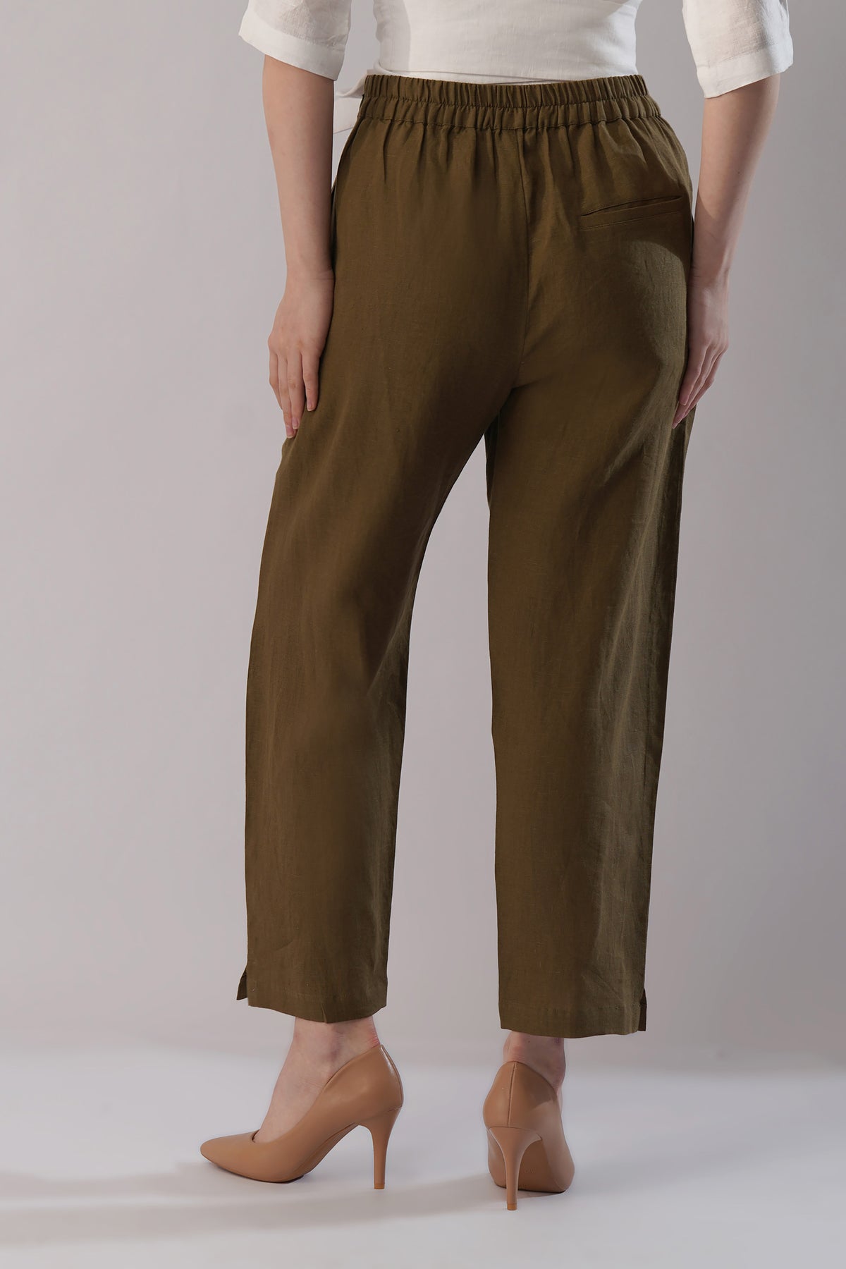 Olive linen pants women elastic waist