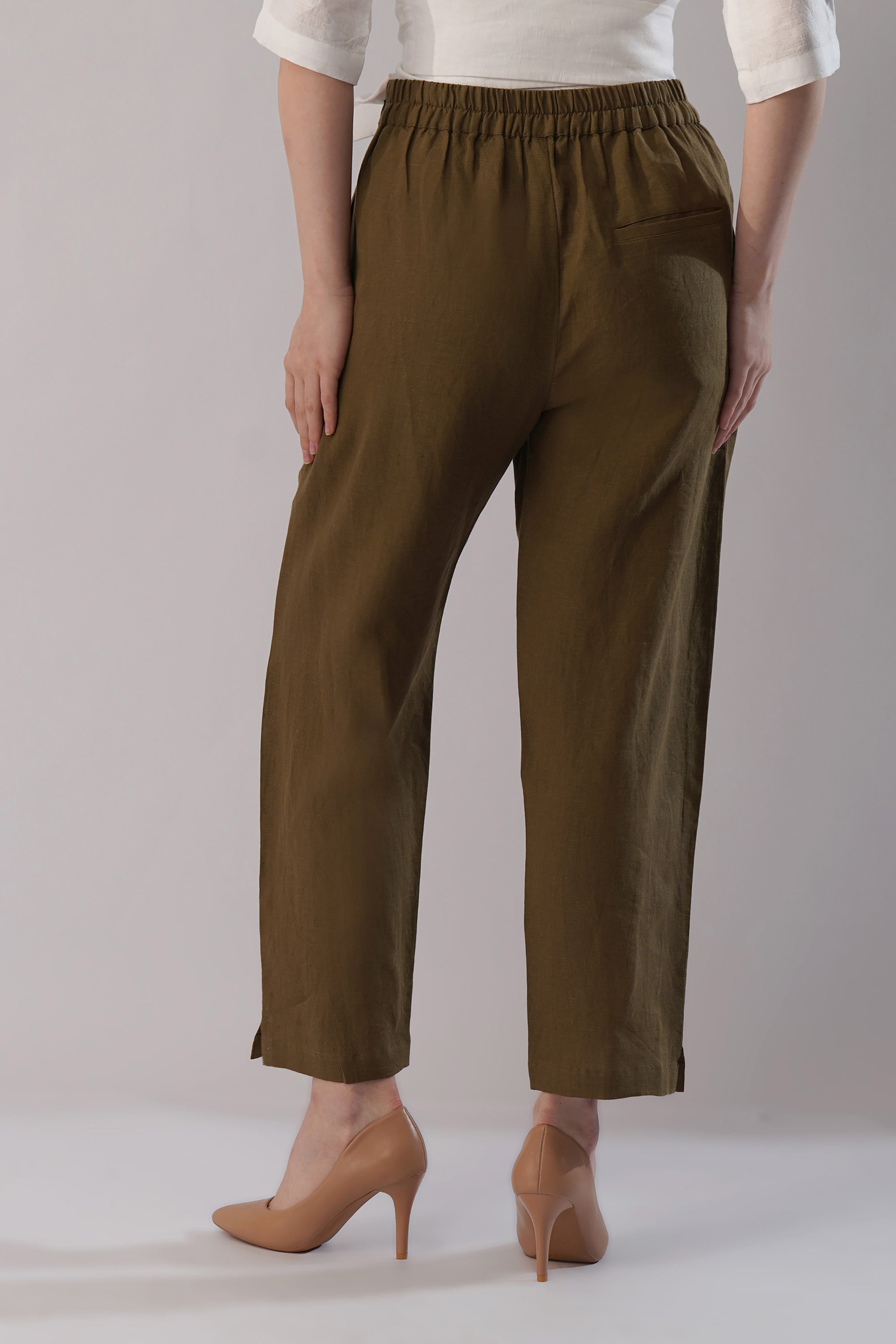 Olive linen pants women elastic waist