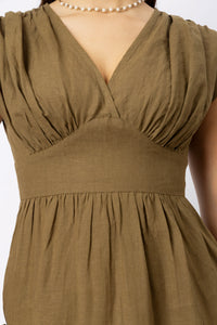 Gathered V-neck bodice on Olive Brown linen dress