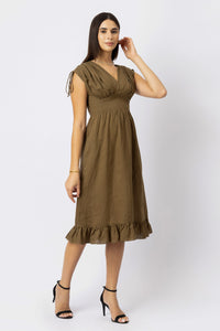 Olive Brown European linen midi dress angled view