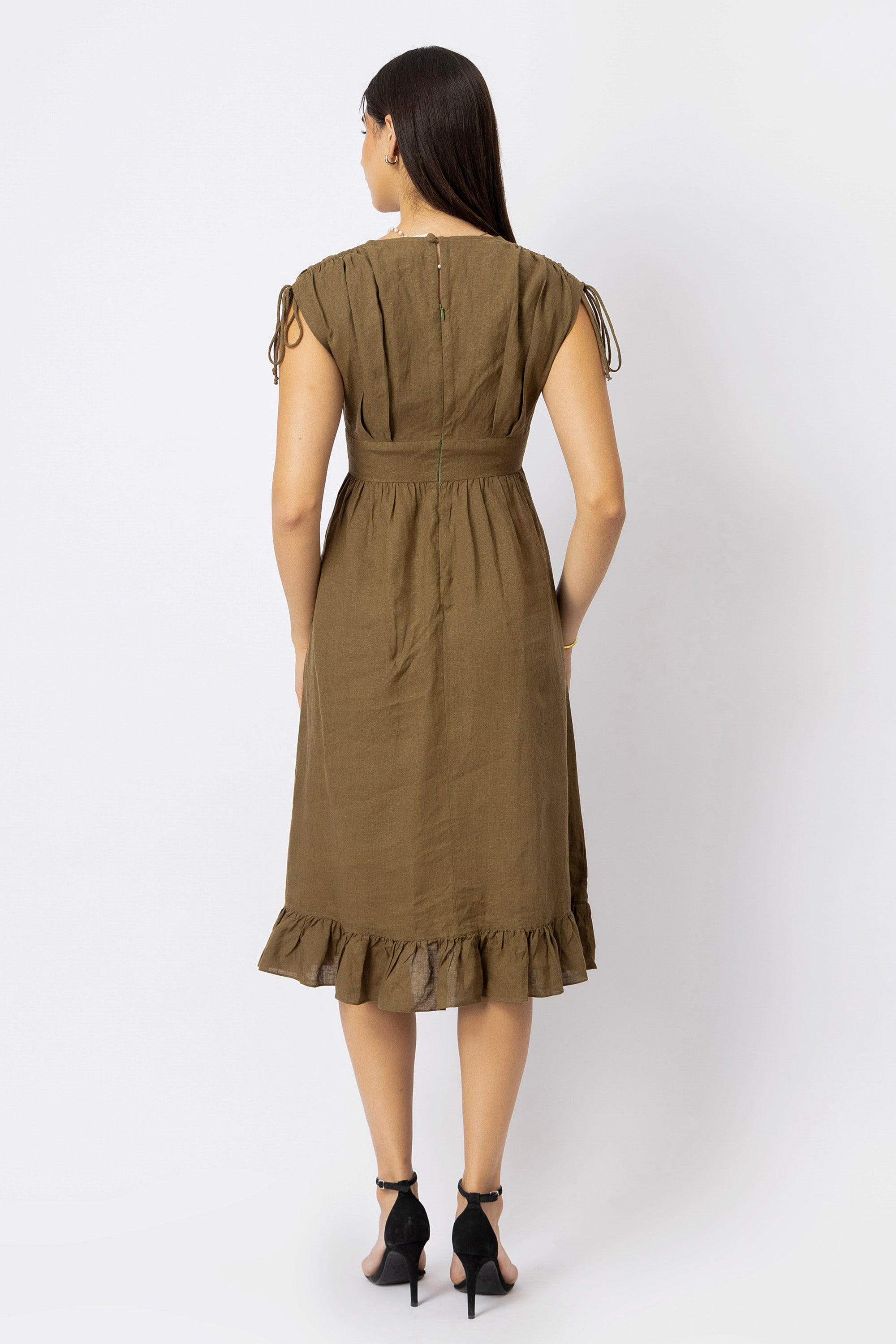 Back view of Olive Brown European linen midi dress