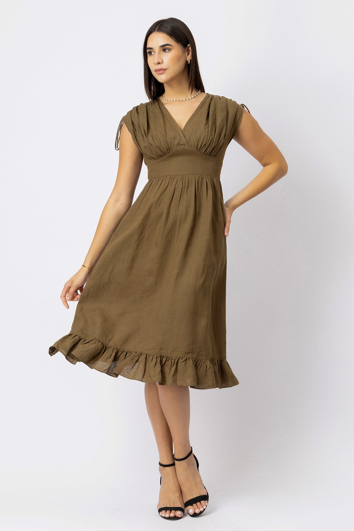 Olive Brown European linen midi dress with flowing silhouette