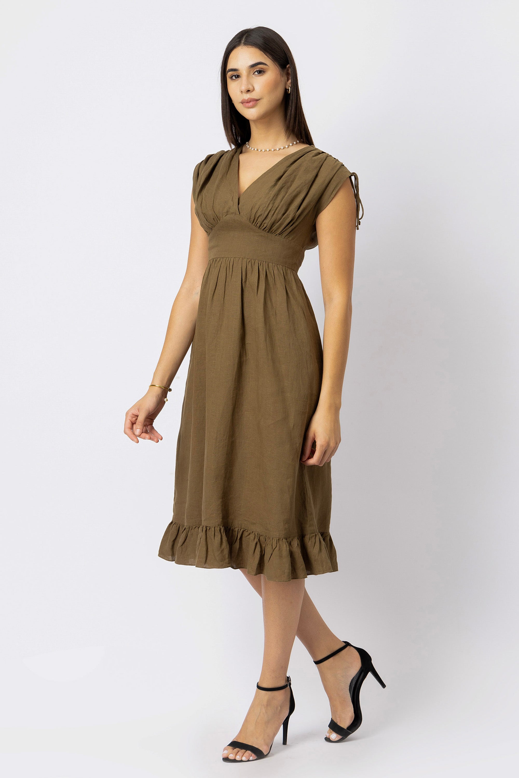 Olive Brown European linen midi dress three-quarter view