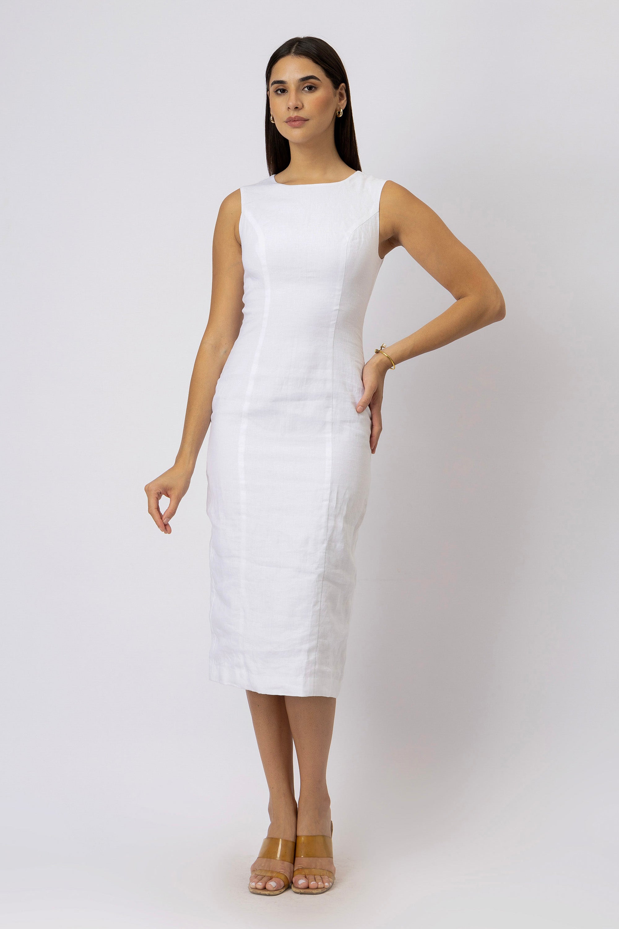 Optic White European linen boat neck sheath midi dress