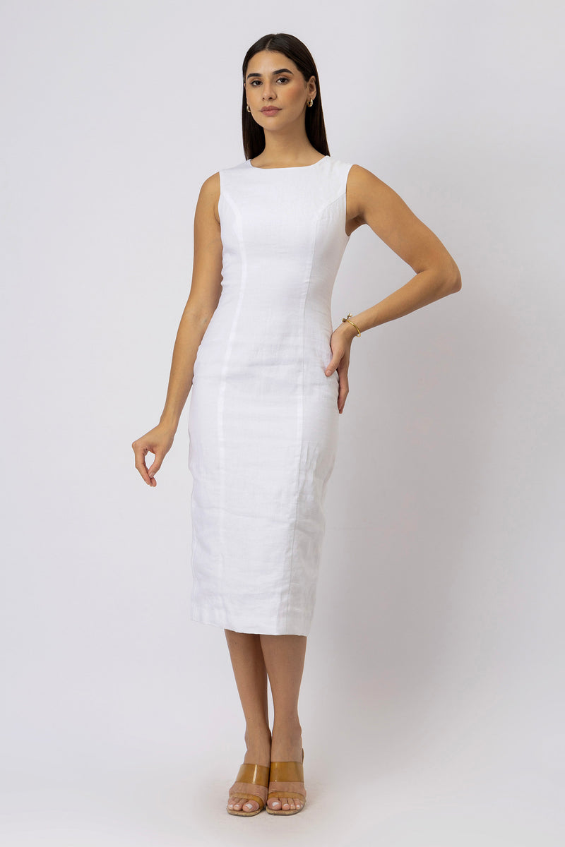 Optic White European linen boat neck sheath midi dress