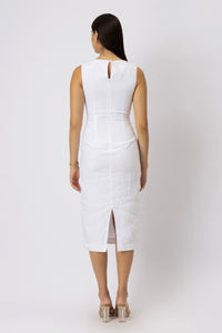 Back view of European linen sheath midi dress