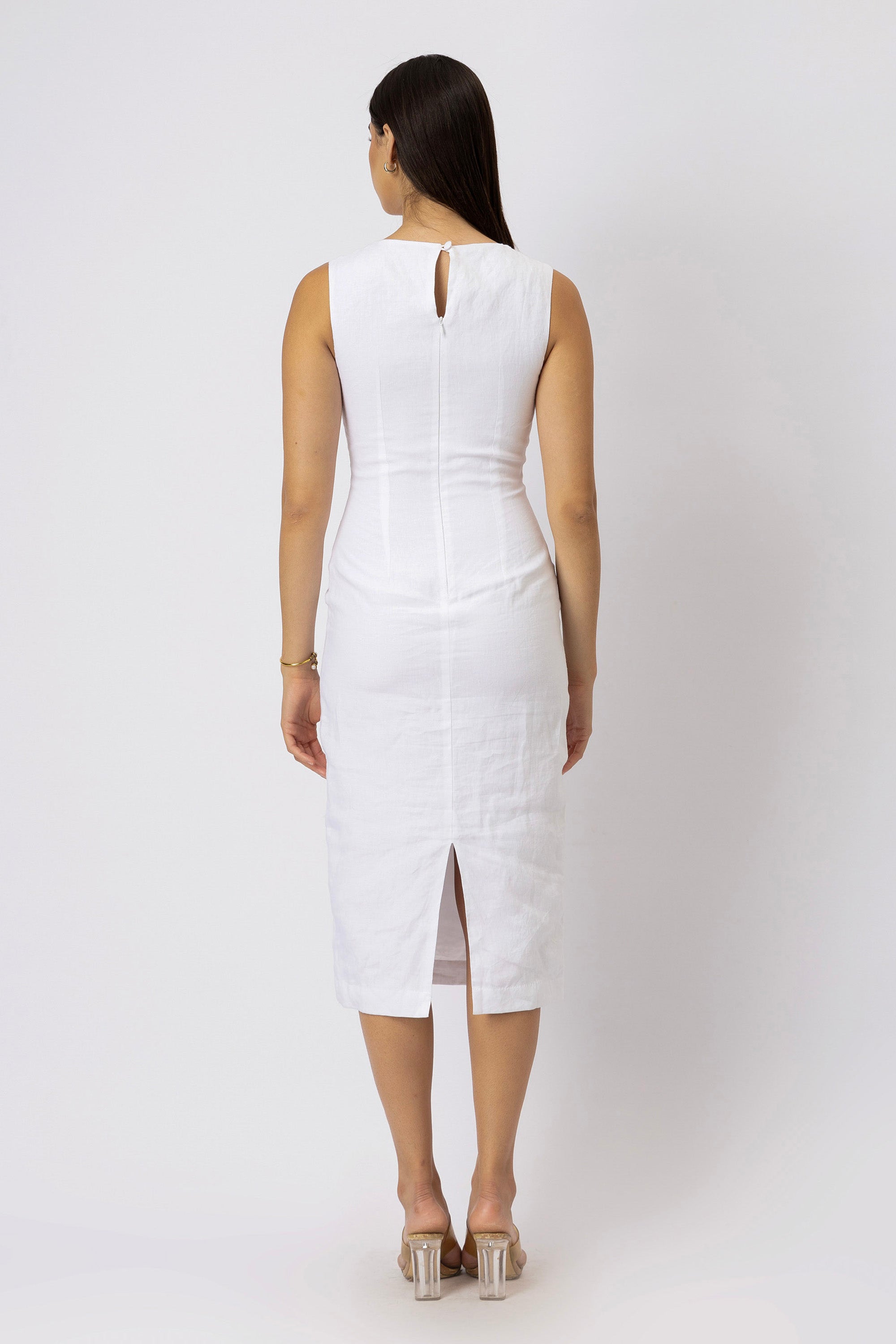 Back view of European linen sheath midi dress