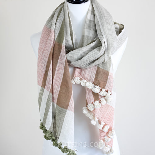 Naturally Dyed Organic Cotton Scarf with Tassels - Handspun & Handwoven Light, Airy Stole | White-Pink, 26x78"