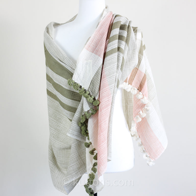 Naturally Dyed Organic Cotton Scarf with Tassels - Handspun & Handwoven Light, Airy Stole