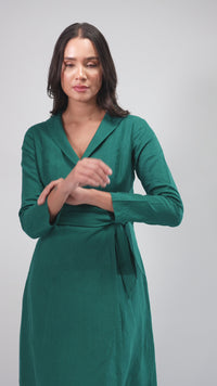 lady in European linen wrap dress