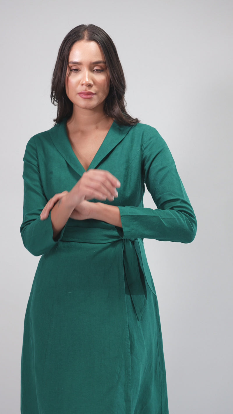 lady in European linen wrap dress