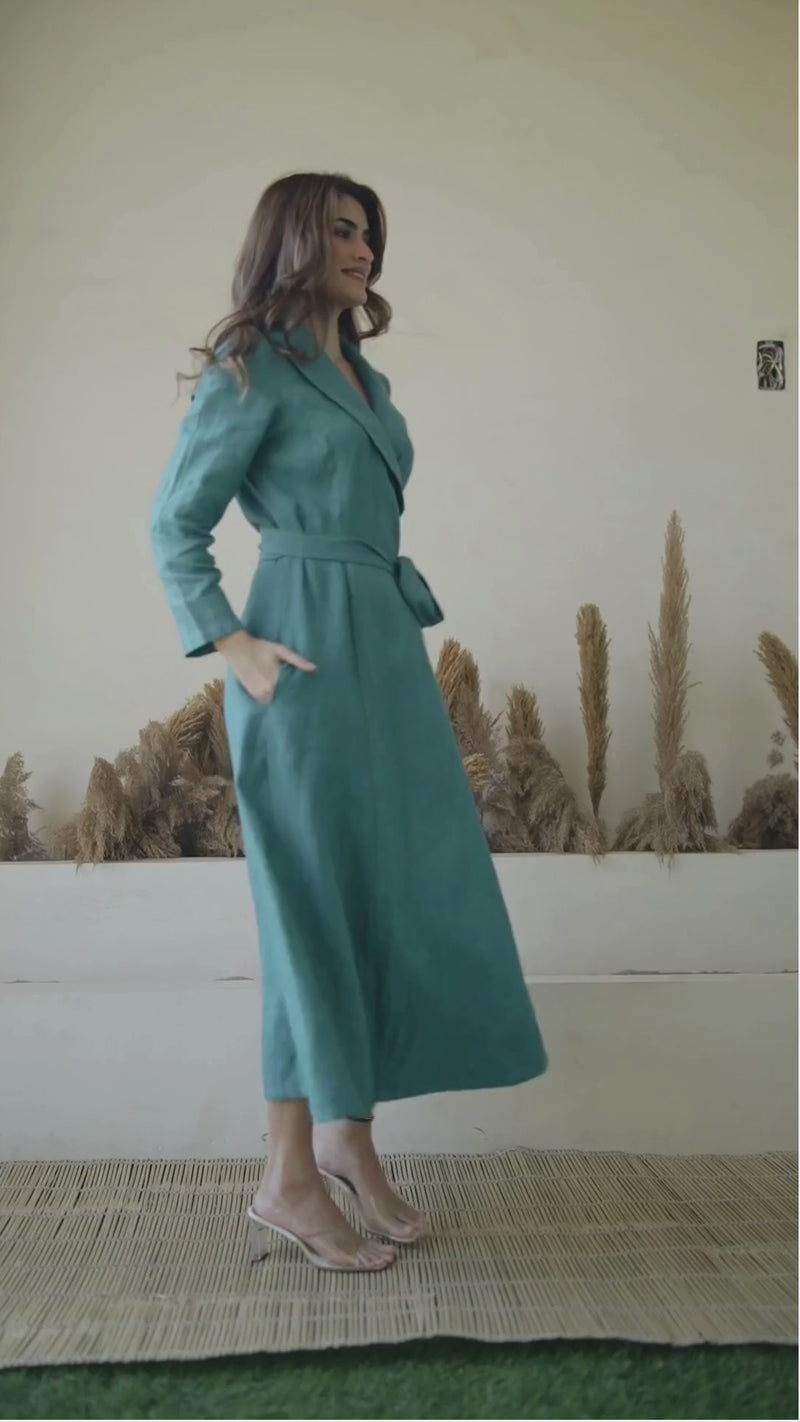 female model wearing European linen wrap dress